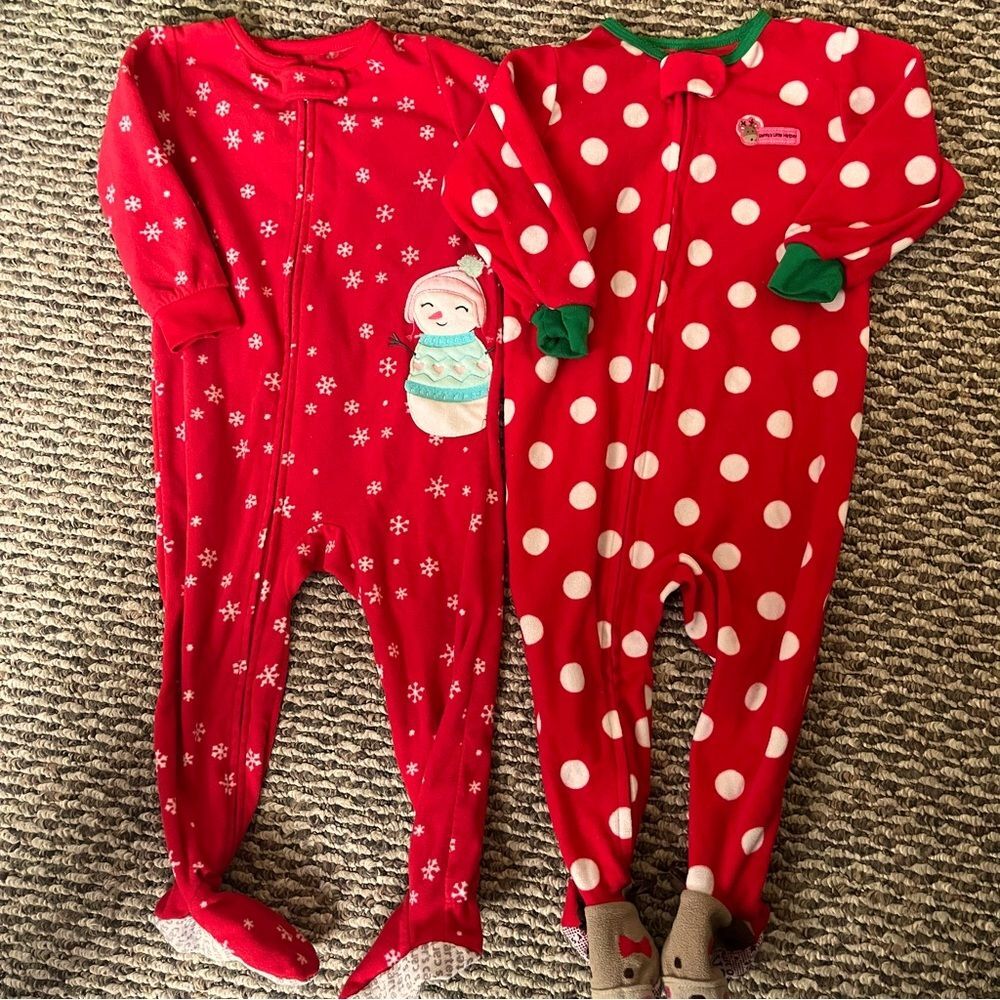 Carters Girls Fleece Christmas Feetie Pajama Bundle 18 Months‎ Red White Holiday